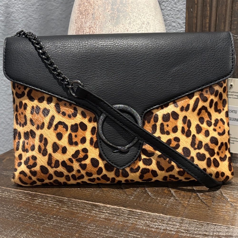 Leopard Print Black Leather Clutch - Picture 2 of 7